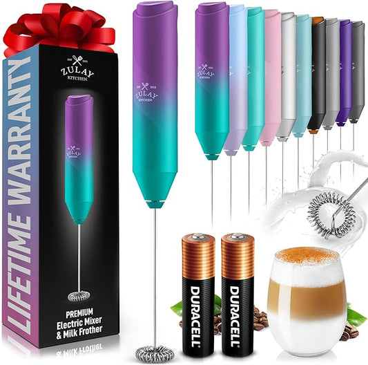 Zulay Kitchen Powerful Milk Frother Handheld with 2 Duracell AA Batteries – Ultra Fast Frother Wand Electric Drink Mixer for Coffee, Lattes, Cappuccinos, Matcha & Hot Chocolate – Portable Foam Maker