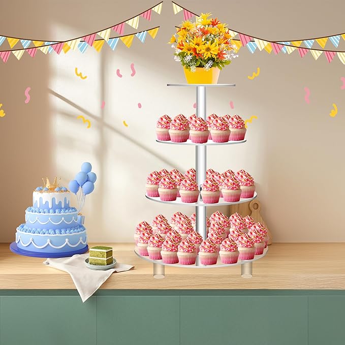 Jusalpha 4 Tier Round Wedding Acrylic Cupcake Stand Tree Tower Cup Cake Display (4 Tier (Tall version))