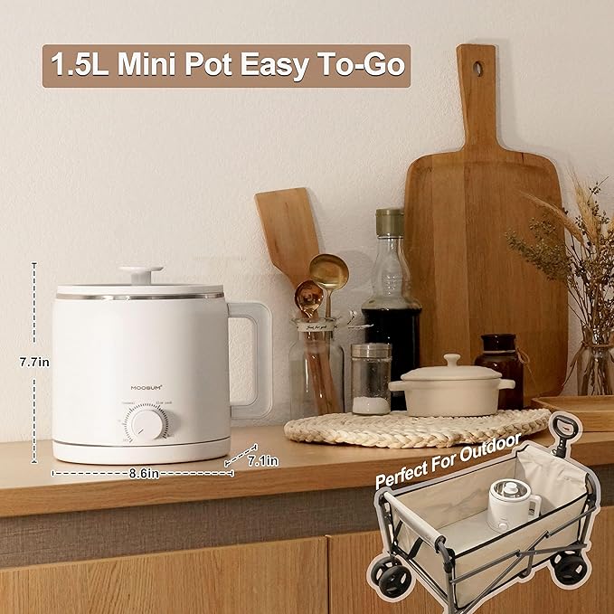 Mini Electric Hot Pot, Fast Cooker for Ramen/Soup, Stainless Steel with over-heating Protection, Perfect for Student & Single, 1.5L White