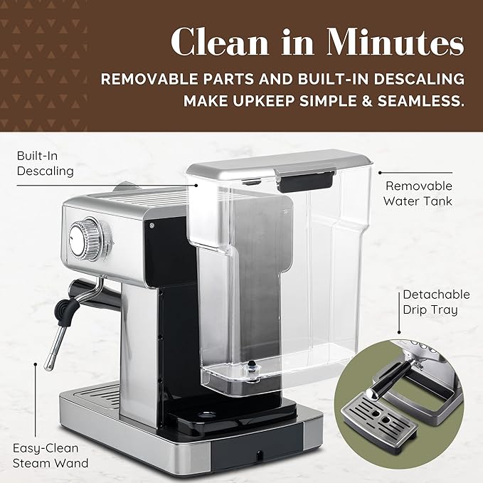 AMBRISTA Espresso Machine 20 Bar with Steam Milk Frother | Stainless Steel Espresso Maker with Customizable Brewing Temperature | 60oz Removable Water Tank | Perfect for Cappuccinos, Lattes and More