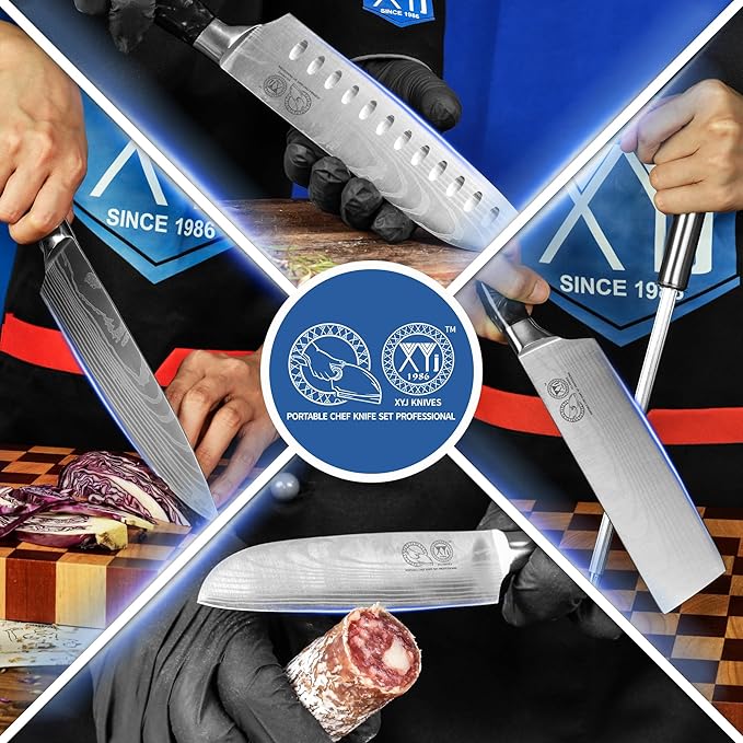 XYJ Authentic Since 1986,8-pieces Japanese Chef Knives Set with Roll Bag & Sheath,Stainless Steel Cutlery Culinary Kitchen Knives,Ergonomics Handle,Paring Santoku Slicing Cooking Knives Tools