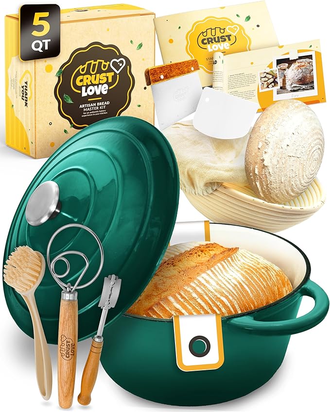 CRUSTLOVE Dutch Oven for Bread Baking - incl. Sourdough Bread-Baking Supplies like Banneton Bread-Proofing Basket - 5QT Enameled Cast Iron Bread-Oven with Lid, Baking Pan, Scoring Tool Lame