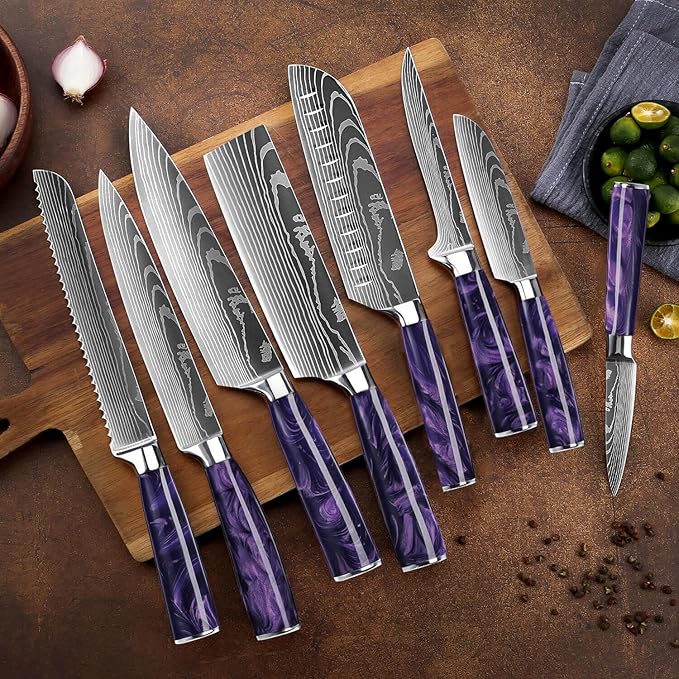 SENKEN 8-Piece Japanese Knife Set with Purple Resin Handle and Laser Damascus Pattern - Amethyst Collection - Chef's Knife, Cleaver, Santoku, Paring Knife, & More (Amethyst Purple)