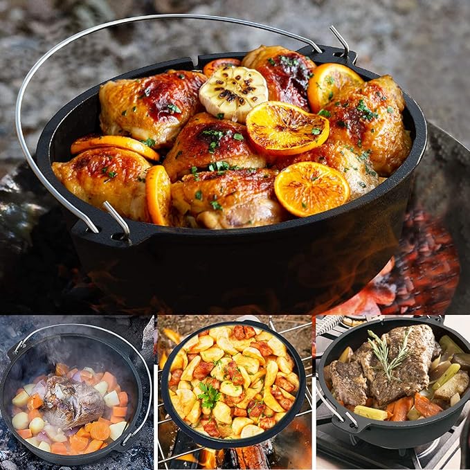 Camping Dutch Oven, 9 Qt Pre-Seasoned Camping Cookware Pot with Lid - Lid Lifter, Cast Iron Dutch Oven with Metal Handle for Cooking BBQ Baking Campfire Modern Black