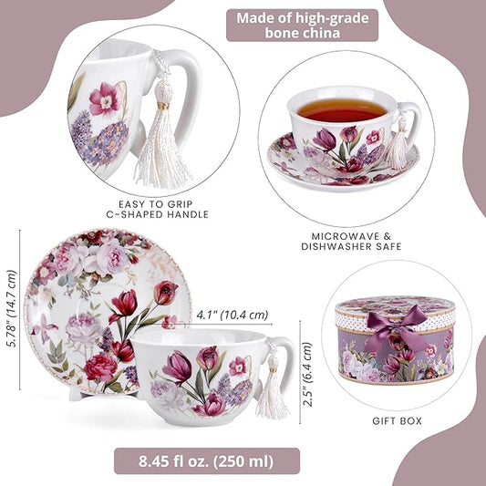 STP GOODS Bone China Tea/Coffee Cup and Saucer in Gift Box Fine Bone China Coffee Cup with Saucer Tea Cup and Saucer Set of One (Flowers 300ml)
