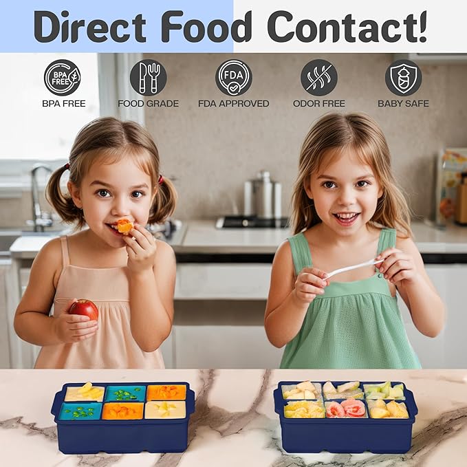 KitchFort Large Silicone Ice Cube Tray (2-Pack), Easy Release 2" Big Ice Cubes - Cocktail, Whiskey Ice Cubes Mold - Ice Trays for Freezer with Lid - Stackable Silicone Ice Tray - Navy Blue