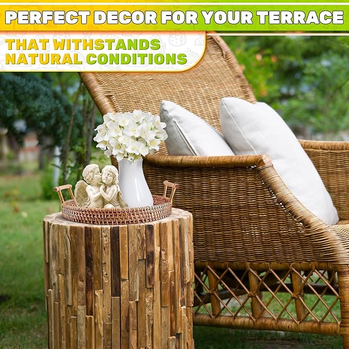 Rattan Tray 8.7-Inch Round – Woven Serving Basket with Handles – Holidays Romantic Decorative Tray for Coffee Table, Bread, Fruit, Vegetables, Restaurant & Home Use Charming Easter Styling Table Decor