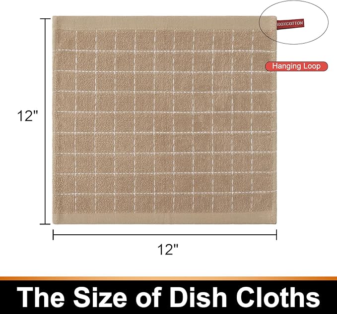 Mordimy 100% Cotton Terry Cloth Dish Cloths, Soft and Absorbent Checkered Dish Towels, Quick Drying Dish Rags for Washing Dishes, 12 Pack, 12 x 12 Inches, Tan