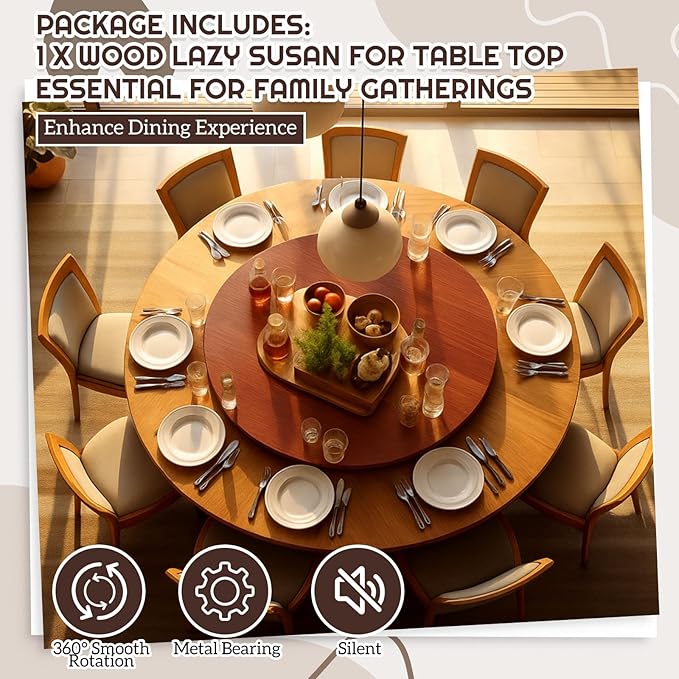 24" Walnut Wood Lazy Susan for Table Top, Large Turntable Rotating Serving Tray for Counter Top Solid Wooden Round Lazy Susan Organizer for Kitchen Spinning Food Server Centerpieces