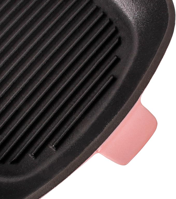 Berghoff Neo 2Pc Enameled Cast Iron Grill Set, Grill Pan 11 inches, Bacon/Steak Press 8 inches, Fast, Evenly Heat, Oven safe (Pink)