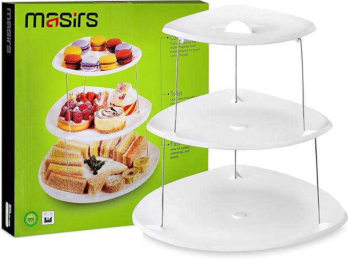 Masirs Collapsible 3-Tier Party Tray: Decorative Design Folds for Minimal Storage. an Elegant Serving Tray for Sandwiches, Cake, Sliced Cheese, and Deli Meat. (Pack of 2)