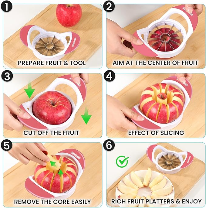 SCHVUBENR 3.5 Inch Apple Slicer with 12 Sharp Blades - Professional Apple Cutter - Stainless Steel Apple Corer - Super Sharp Apple Slicer and Corer - Slice Apple with Ease(Pink)