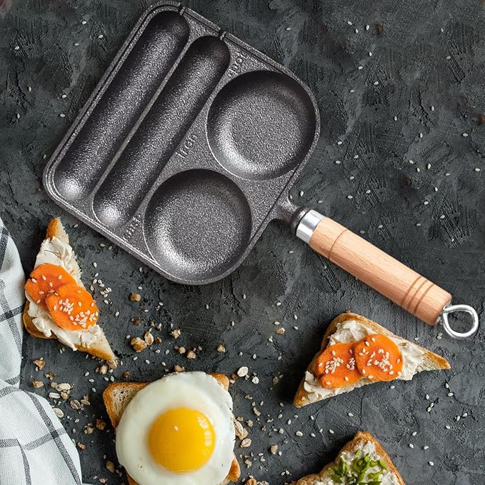 Fenteer Sausage and Eggs Grilling Pan, Hot Dog Presser Maker, Homemade 4 Cavity Cast Iron Non Coating DIY Waffle Corn Dog Grill Pan for Outdoor, Baking