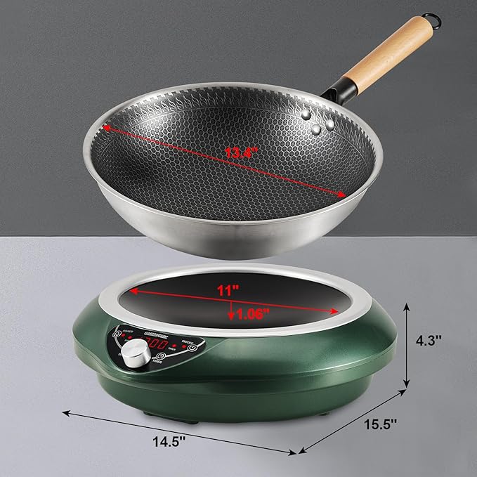 GastroGear Induction Wok Pan Cooktop 1700W (85V~175V) 16 Levels Temperature & Power Control Induction Wok Burner with 18 Hours Timer, Auto-off, Fast & Even Heating Concave Electric Stove (Green)