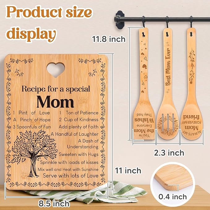 Gifts for Mom - "Recipe for a Special Mom" Mom Birthday Gifts Cutting Board Set, Bamboo-Made Engraved Utensil Set, Birthday Gifts for Mom from Daughter/Son