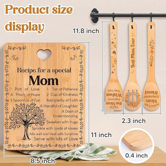 Gifts for Mom - "Recipe for a Special Mom" Mom Birthday Gifts Cutting Board Set, Bamboo-Made Engraved Utensil Set, Birthday Gifts for Mom from Daughter/Son