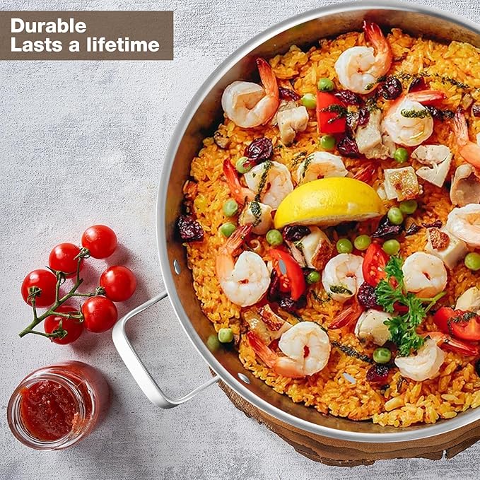 Yeksum Stainless Steel Paella Pan with Lid - 14.5" Tri-Ply 18/10 Deep Paella Pan for 12, PFOA-Free, Fast Heating & Oven Safe 550°F, All Stovetops & Outdoor Skillet