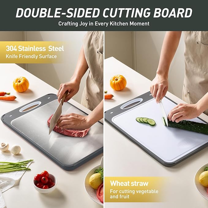 2 in 1 Stainless Steel Cutting Board with Handle Chopping Extra Large Tablas Para Picar Cocina Tabua Madeira Corte Carne Alimentos Cortar Juego Regalos Cumpleaños Navidad Mujer Mama Abuela Hombre Papa