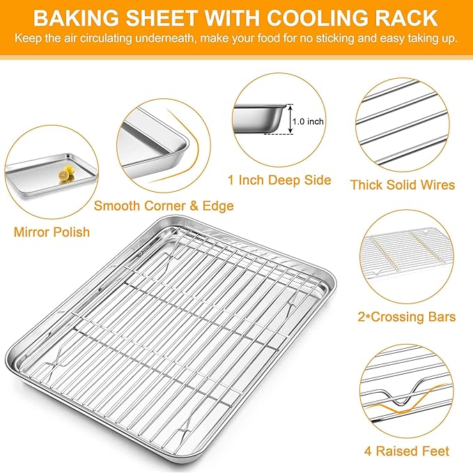 Homikit Baking Sheet with Wire Rack, 16" x 12" Stainless Steel Cookie Sheets for Baking, Thick Metal Baking Tray Jelly Roll Pan with Cooling Rack for Oven Roasting, Nonstick & Dishwasher Safe