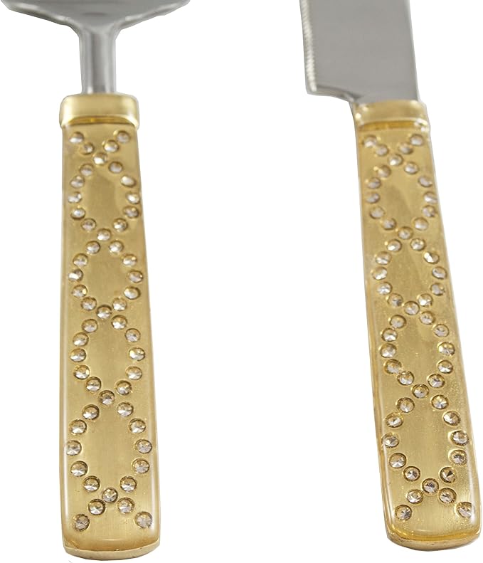 Server Set, Cake, Pie, Desert Flatware Set, Glitter Crystal Studs Design, 2-piece 18/10 Stainless steel with brass handles (light antique gold finish)…