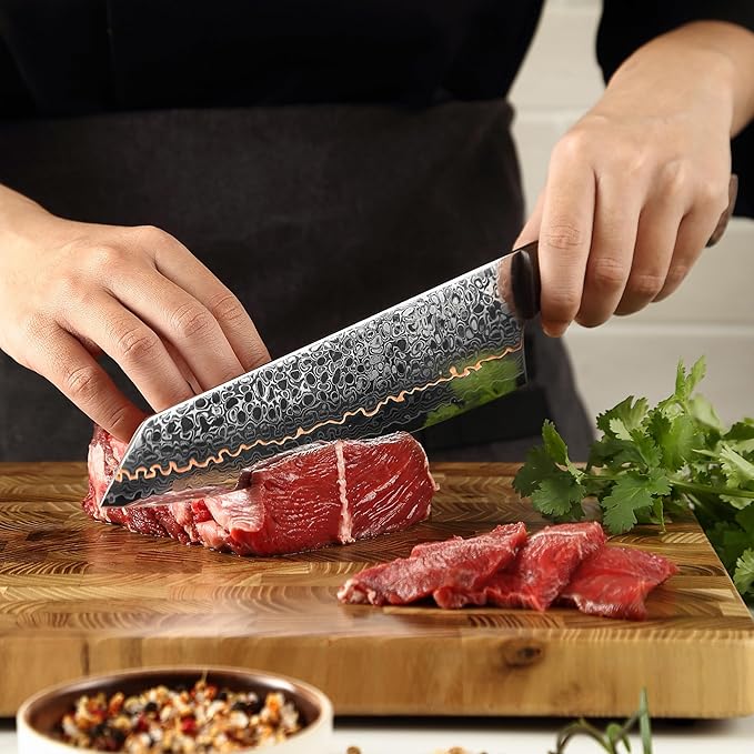 Wakoli Kawa Kiritsuke Chef Knife, 7.9-Inch Blade Kitchen Knife | 67-Layer Damascus Steel with VG10 Core | Copper Inlay | Maple Stabilized Wood Handle | Professional Chef Knife
