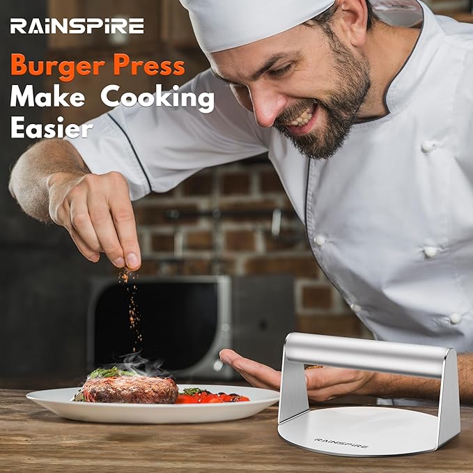 Rainspire Upgraded 304 Stainless Steel Smash Burger Press 5.5 inch Burger Smasher Hamburger Smasher Tool for Griddle, Perfect for BBQ Grill Cooking Gifts for Chef, Silver