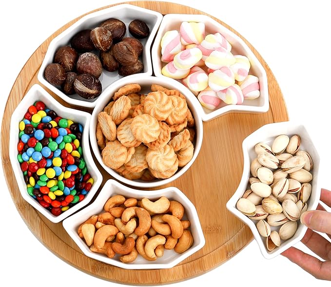 SOUJOY 11'' Lazy Susan Serving Tray, Porcelain 360° Rotatable Serving Tray and Platters, Removable Divided Serving Dishes, Party Relish Bowl for Chip, Dip, Veggies, Candy and Snack, Cheese, 7 Pieces
