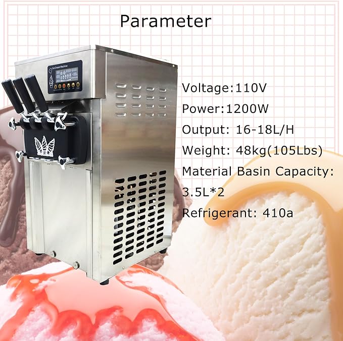 3 Flavors Commercial Soft Serve Ice Cream Machine 110V 1200W Stainless Steel Ice Cream Makers Countertop 16-18L/H with LED Panel for Supermarket Restaurants Bars