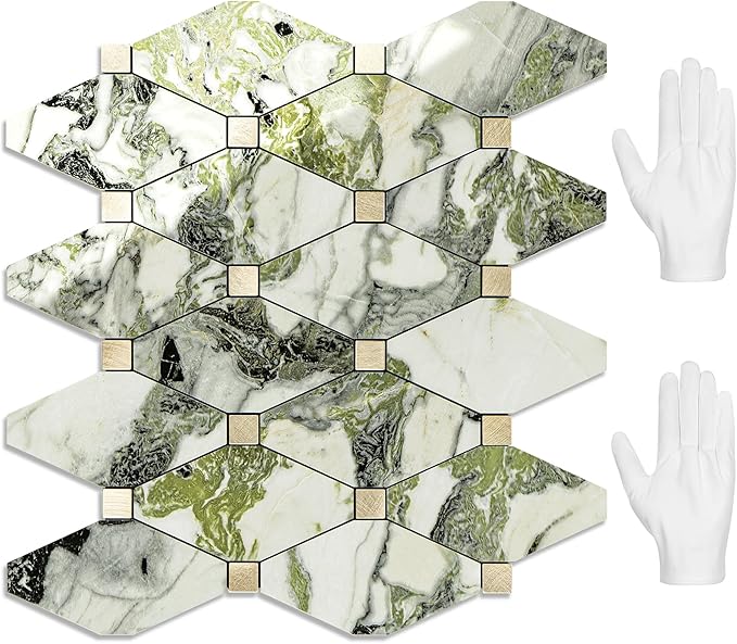 STICKGOO 10 Sheets Peel and Stick Backsplash, Polished Green Marble Look PVC Mixed Metal Gold Kitchen Backsplash, Stick on Backsplash Wall Tiles for Kitchen, Bathroom, RV