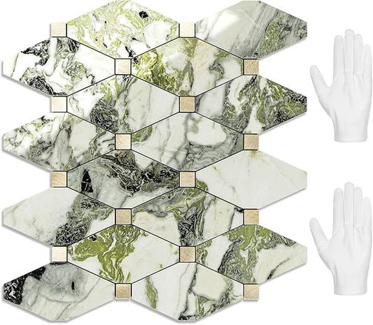 STICKGOO 10 Sheets Peel and Stick Backsplash, Polished Green Marble Look PVC Mixed Metal Gold Kitchen Backsplash, Stick on Backsplash Wall Tiles for Kitchen, Bathroom, RV