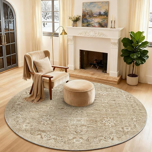 4x4 Round Bedroom Rug Washable: Round Area Rug Stain Resistant Boho Rug Non Slip Low Pile Small Carpet for Living Room Bedroom Kitchen Entryway Bedside Office Dorm Kids Room Entrance