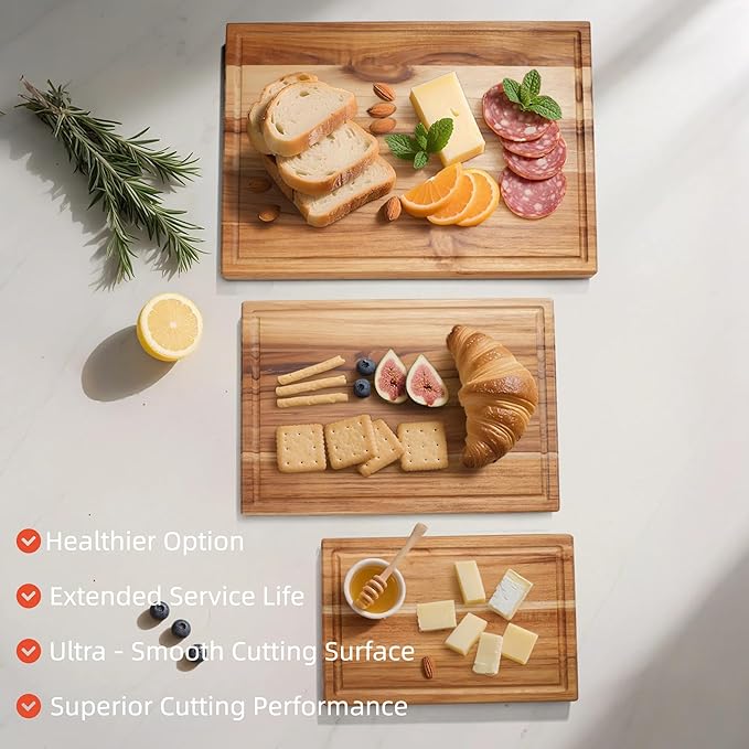Cokka Praca Teak Cutting Board Set with Stand | 3 Pcs Durable Wooden Cutting Boards for Kitchen | Splinter-Free & No Cracking Design | Non-Slip Wood Cutting Boards with Deep Juice Groove