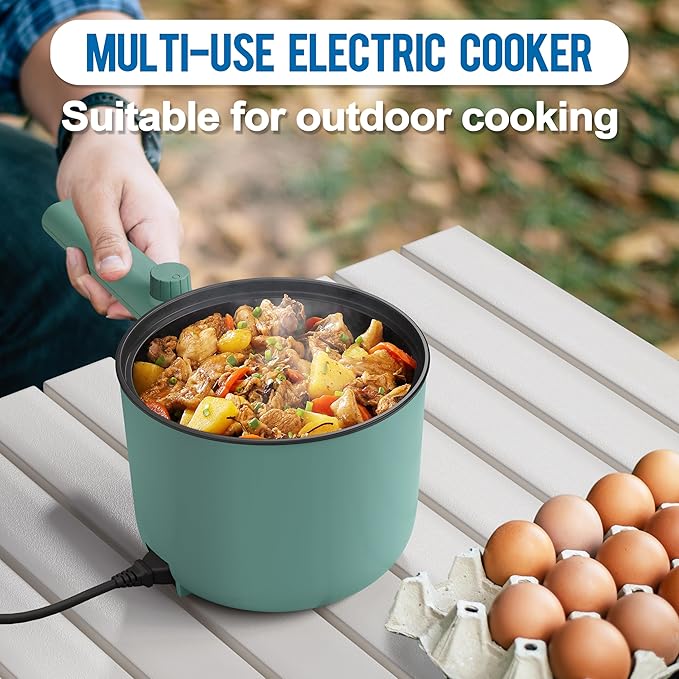 Topwit Hot Pot Electric, 1.5L Ramen Cooker, Portable Non-Stick Frying Pan, Hot Pot for Pasta, Steak, BPA Free, Electric Cooker with Dual Power Control, Over-Heating & Boil Dry Protection, Green