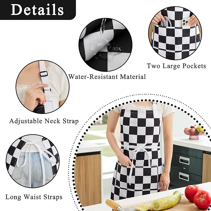 2 Pack Checkered Kitchen Apron, Black White Checkerboard Aprons for Women with Pockets, Aesthetic Cute Trendy Chef Apron for Men, Waterproof Aprons for Cooking