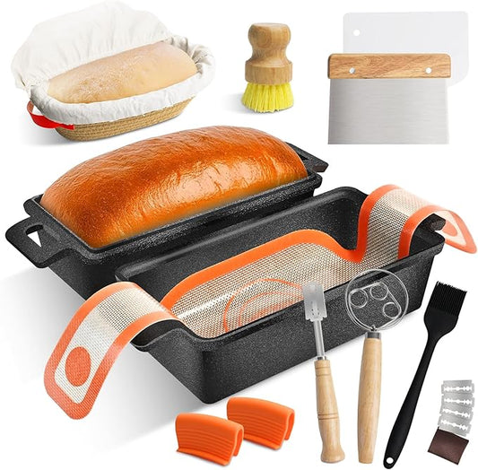 MSJGA 9×5 Inch Cast Iron Loaf Pans with Lid for Bread Baking, 2 In 1 Bread Pan with Sourdough Bread Baking Supplies