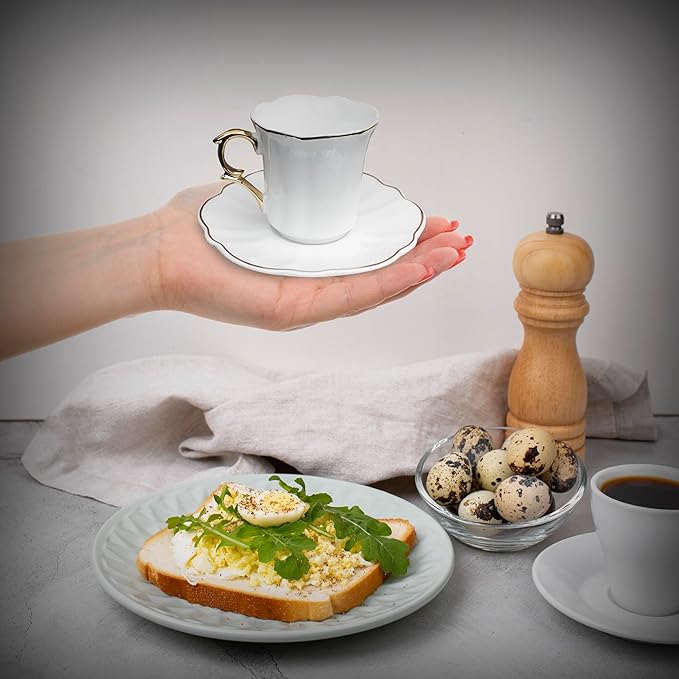 BTaT- Turkish Coffee Cup Set, 3 oz, 6 Set (12 pcs), Elegant White Cups & Saucers with Gold Trim, Small Porcelain Espresso Set for Serving Greek, Arabic & Turkish Coffee, Gift Giving