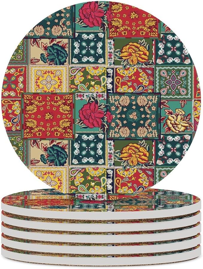 Round-6PCS Floral Ceramic Coasters, Round Absorbent Drink Coasters, Abstract Perris Flower Nature Plant Colorful Boho Floral Ceramic Table Coasters for Coffee, Beverage, Wine, Beer Coasters