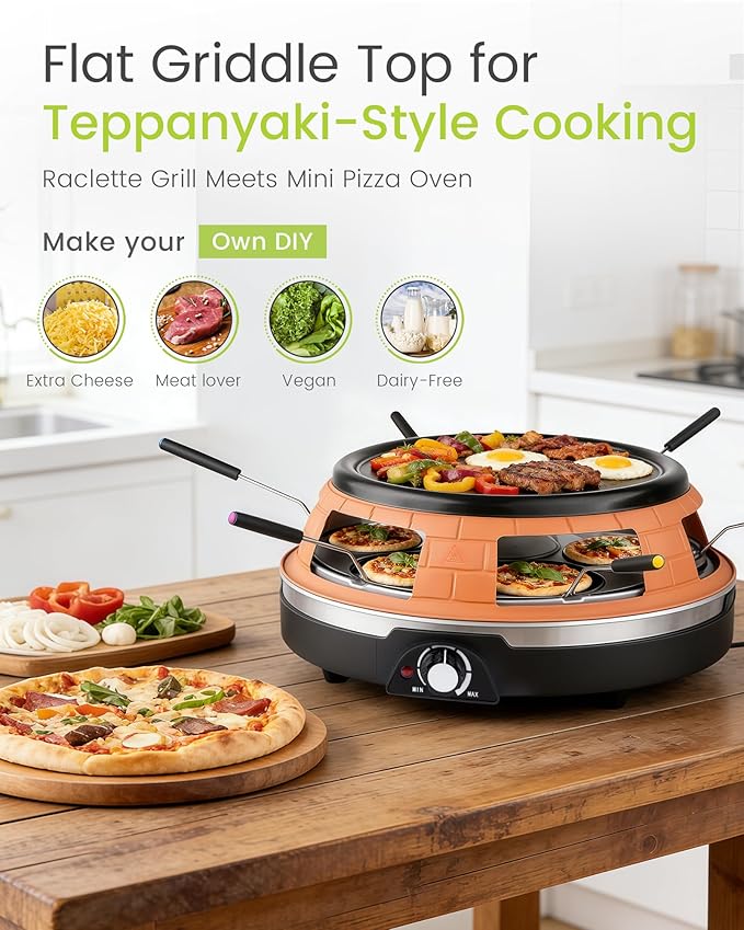 Saenchue Multifunction Raclette Grill & Mini Pizza Oven, 1200W Electric Pizza Oven with Flat Griddle Top, Indoor Grill with 6 Mini Pizza Baking Slots, Temperature Control, Personal Pizza Maker, PM-01