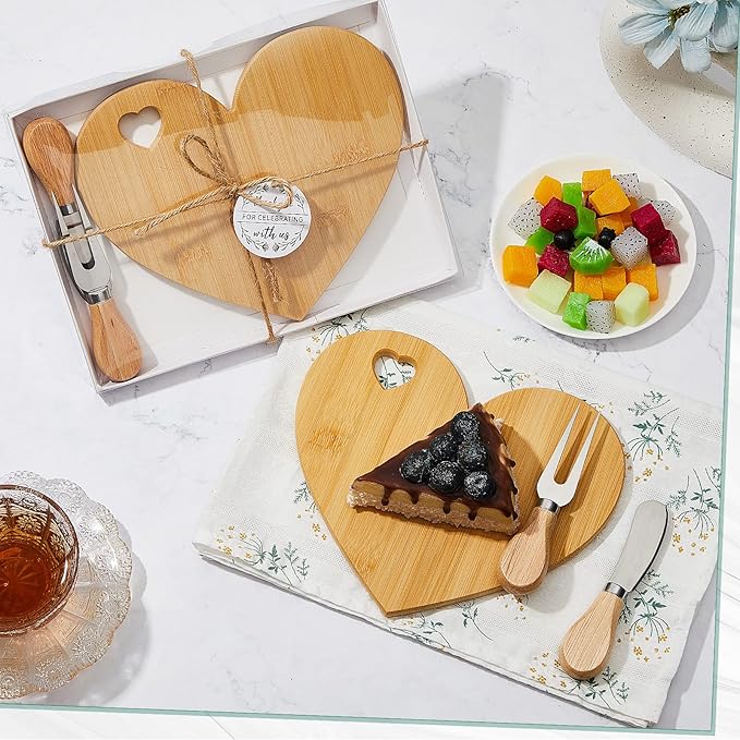 Patelai 1 Set Bridal Shower Favor Heart Cheese Board Cheese Knives Wood Mini Charcuterie Board Thank You Gift Box for Guest Bridal Baby Shower Prize Wedding Birthday Valentines (Bamboo Color)