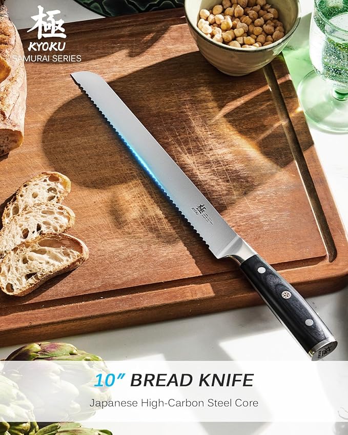 KYOKU 10" Serrated Bread Knife, Samurai Series Serrated Knife for Homemade Bread Pastries with Pakkawood Handle, Japanese Style High Carbon Steel Cake Knife, Full Tang Bread Knife with Sheath & Case