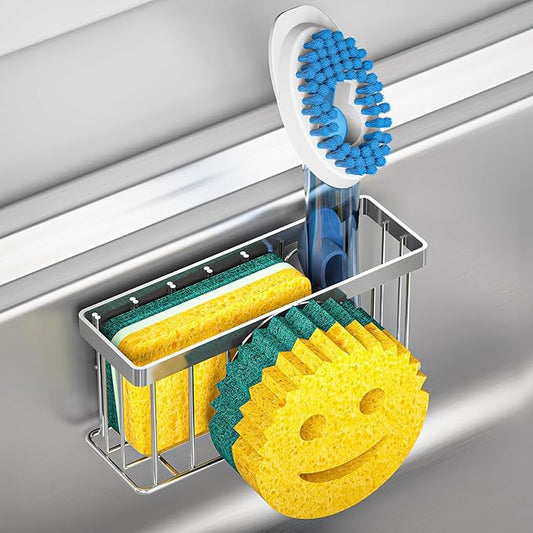 Sponge Holder Smiley Face, for kitchen Sink,Sponge Holder with 2 PCS Suction Cups/1 PCS Adhesive Strips,Designed for Sponge,Soap,Dish brush,Scrubber-Silver