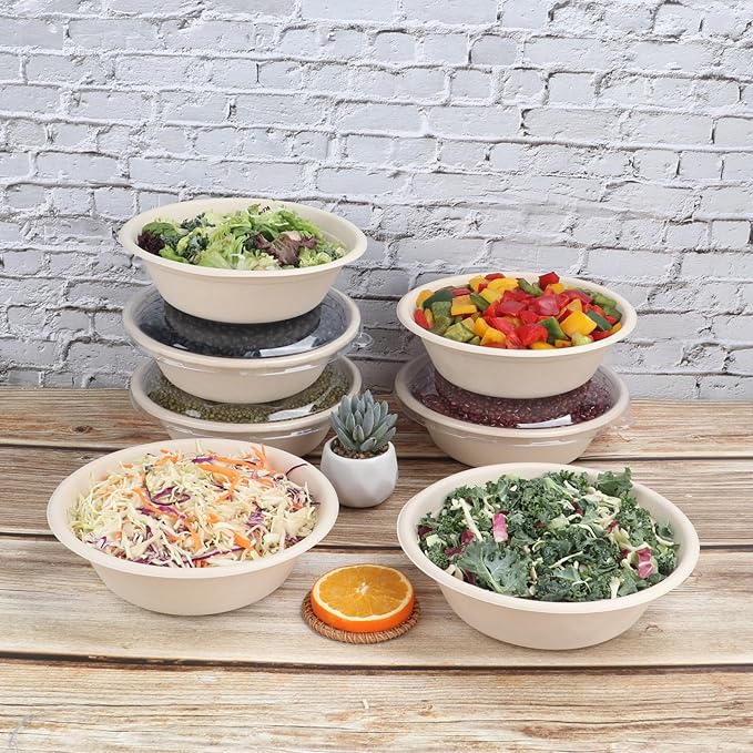 JAYEEY 32 oz Disposable salad bowls with lids, Sugarcane Fiber Paper Bowls take away food containers Plant Fibers Freezer Safe 50 Pack