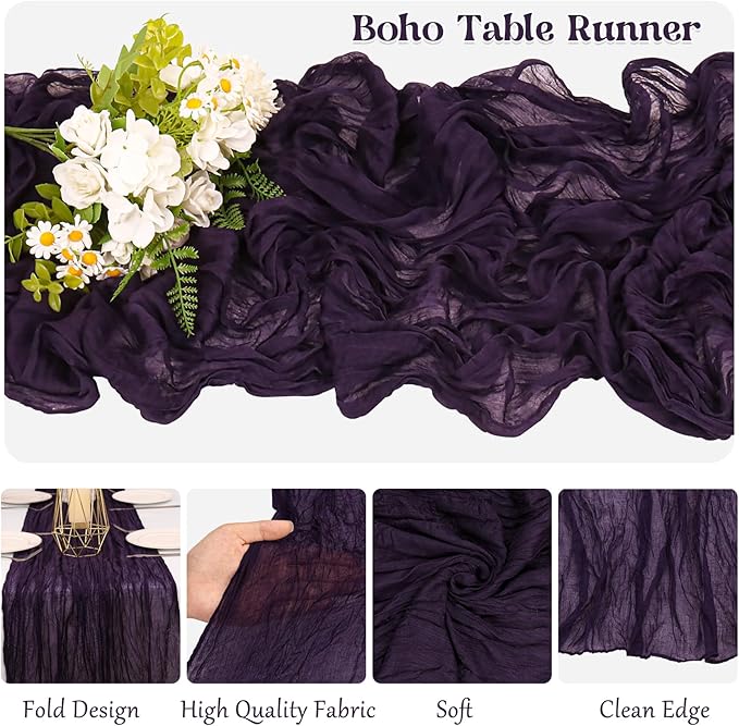 10 Pack Dark Purple Cheesecloth Table Runner 10FT Boho Gauze Fabric Table Runner Vintage Rustic Sheer Runners for Wedding Party Bridal Baby Shower Long Table Decorations