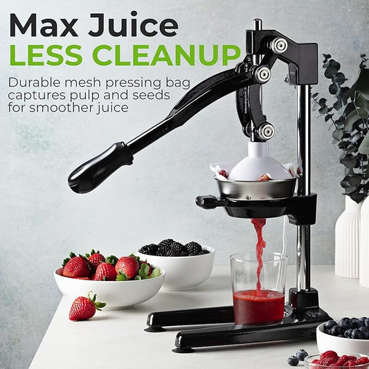 Zulay Kitchen 9 in 1 Cast Iron Juicer - Easy-to-Clean Heavy-Duty Manual Juicer with Presser Attachment to Juice All Types of Fruits! Extra Tall with Stainless Steel Bowl - Black