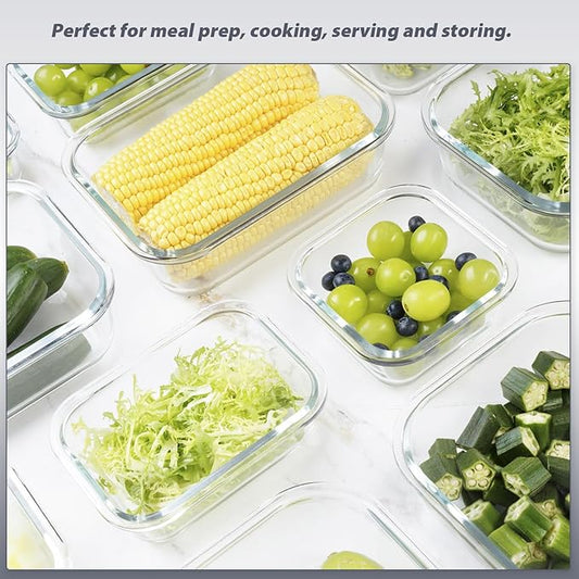 12 Pack Glass Food Storage Containers with Lids, Glass Meal Prep Containers Set with Leak Proof Lids, Airtight Lunch Container for Kitchen, Microwave, Oven, Freezer, Dishwasher Safe, Bpa free