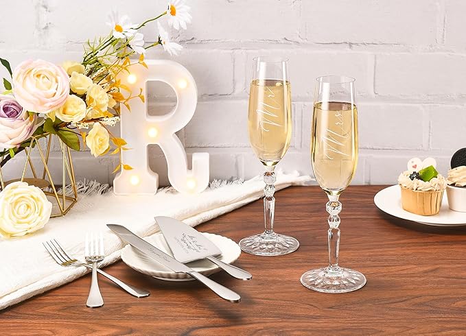 BEKESIN Wedding Cake Knife and Server Set with Forks, Classical Style Crystal Champagne Flutes Toasting Glasses for Bride and Groom, Wedding Gifts for Couples, Engagement and Bridal Shower Gifts