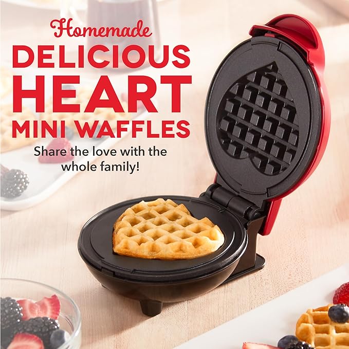 Dash Mini Waffle Maker- Mini Machine for Creative Homemade Treats - Nonstick Iron with Unique Print Design - Stylish Waffle Machine - Red Heart