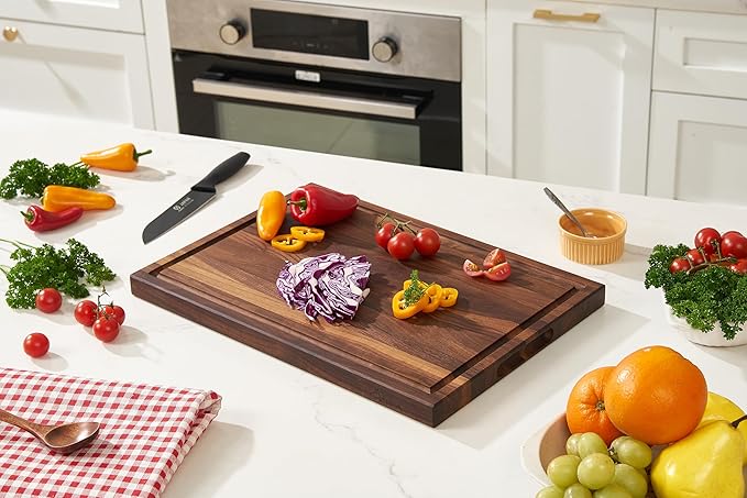 Cozifa American Dark Walnut Wood Cutting Board 17x12 x1in for Kitchen with Juice Groove, Inner Handles, Gift Box, Thick Wooden Cutting Board Finished with Linseed Oil, Beeswax, Carnauba Wax, Lemon Oil