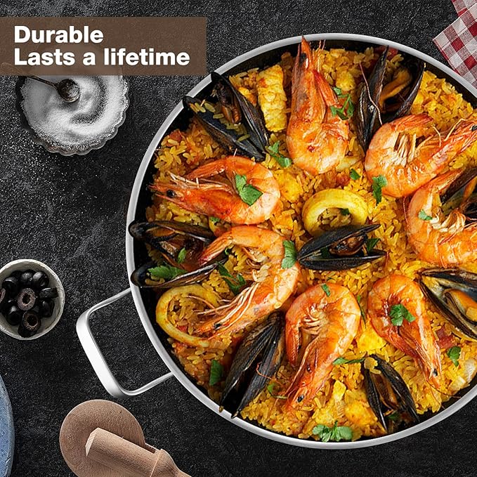 Yeksum Paella Pan with Lid - 14.5" Honeycomb Tri-Ply 18/10 Nonstick Paella Pan, 12-Serving Deep Design, Oven/Dishwasher Safe 550°F, Universal Stainless Steel Skillet