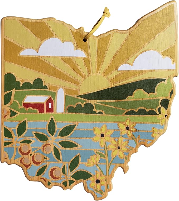Totally Bamboo Ohio State Shaped Cutting Board and Charcuterie Serving Platter with Artwork by Summer Stokes, Includes Hang Tie for Wall Display Varies